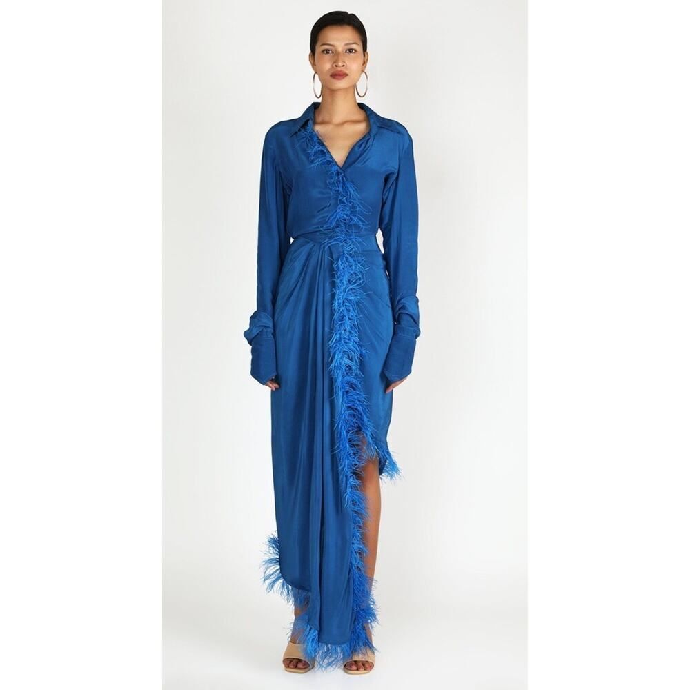 Deme By Gabriella Blue Silk Asymmetric Fringe Dress Feather Trim XS